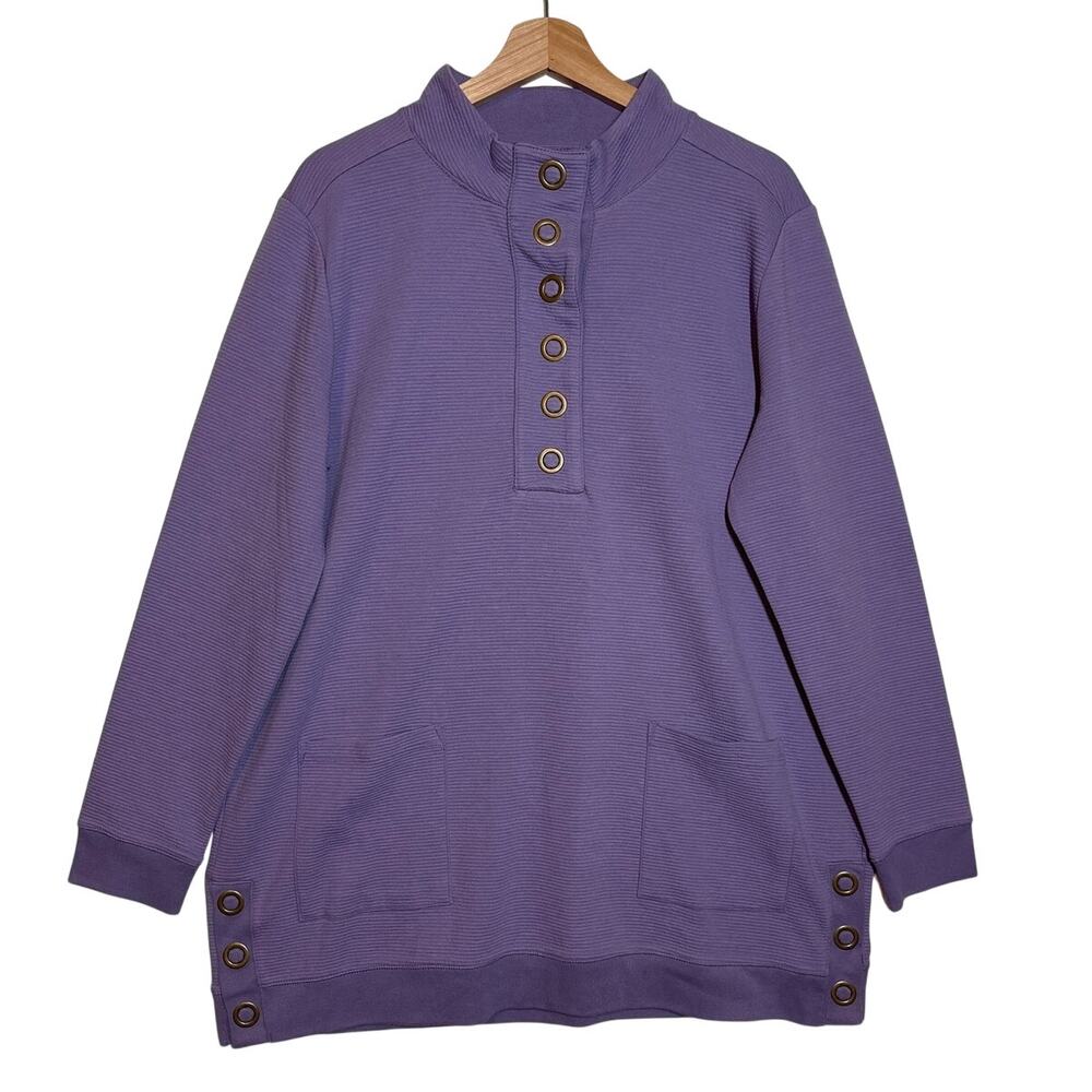 Soft Surroundings Lakshmi Pullover Tunic Sweatshirt Snap Henley L Pockets Purple